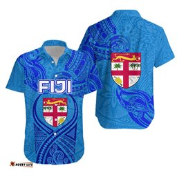 Blue Hawaiian Shirt Fiji Rugby Polynesian Waves Style