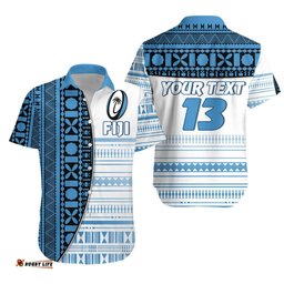 Custom Personalised Fiji Rugby Hawaiian Shirt Impressive Version Blue Custom Text and Number