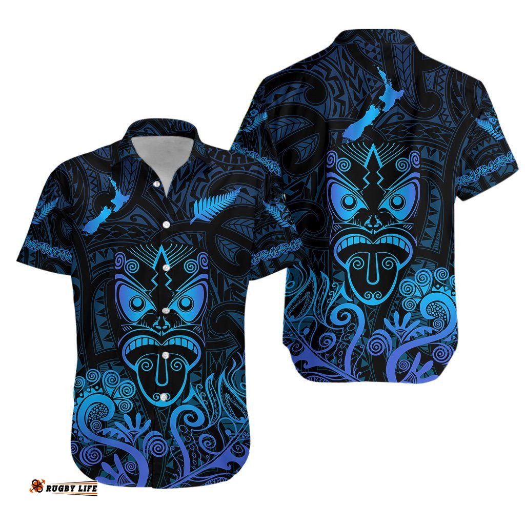 Maori Aotearoa Rugby Haka Hawaiian Shirt New Zealand Silver Fern Blue