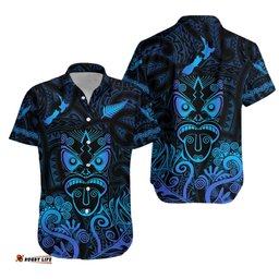 Maori Aotearoa Rugby Haka Hawaiian Shirt New Zealand Silver Fern Blue