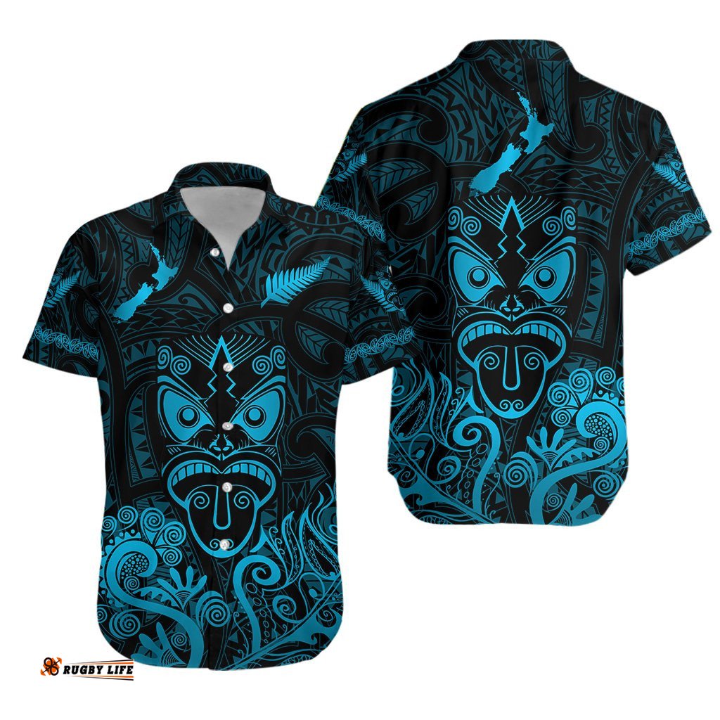 Maori Aotearoa Rugby Haka Hawaiian Shirt New Zealand Silver Fern Turquoise