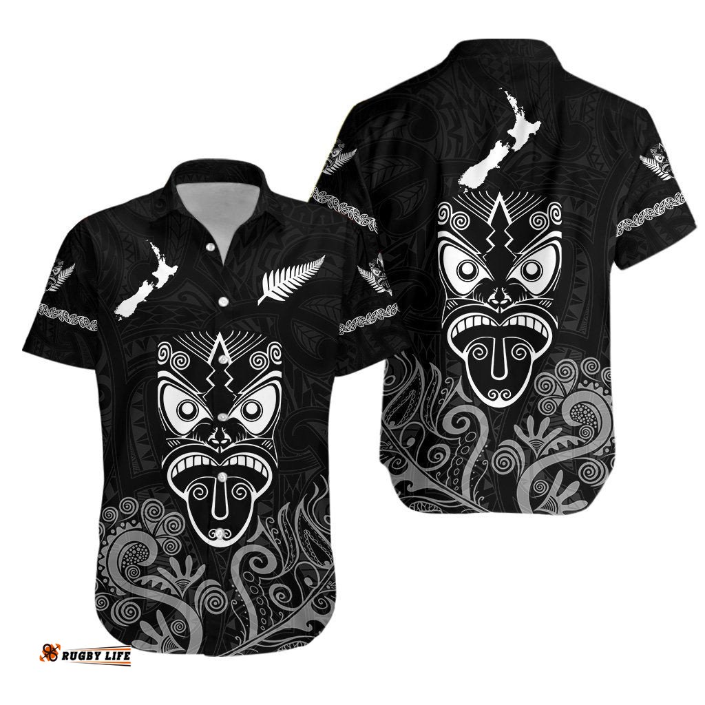 Maori Aotearoa Rugby Haka Hawaiian Shirt New Zealand Silver Fern Black