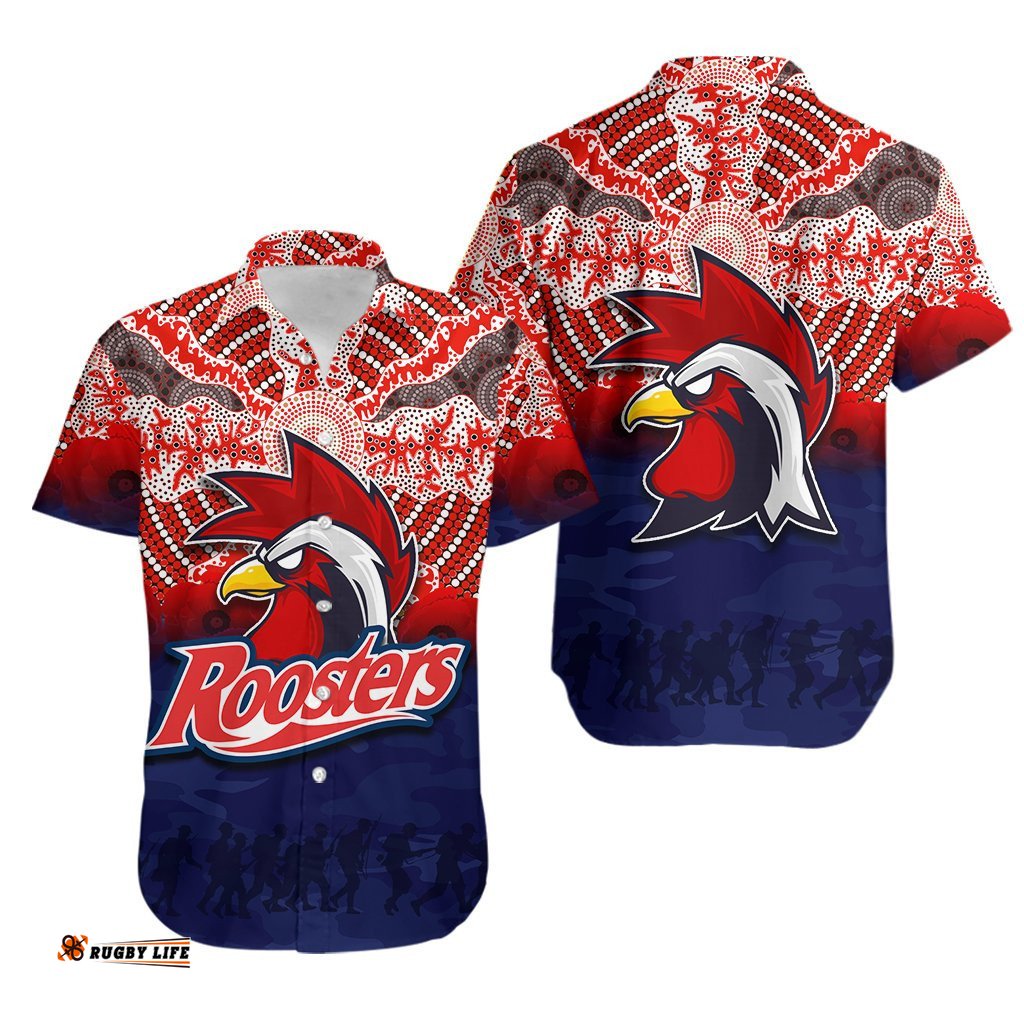 Roosters Hawaiian Shirt ANZAC Day Aboriginal