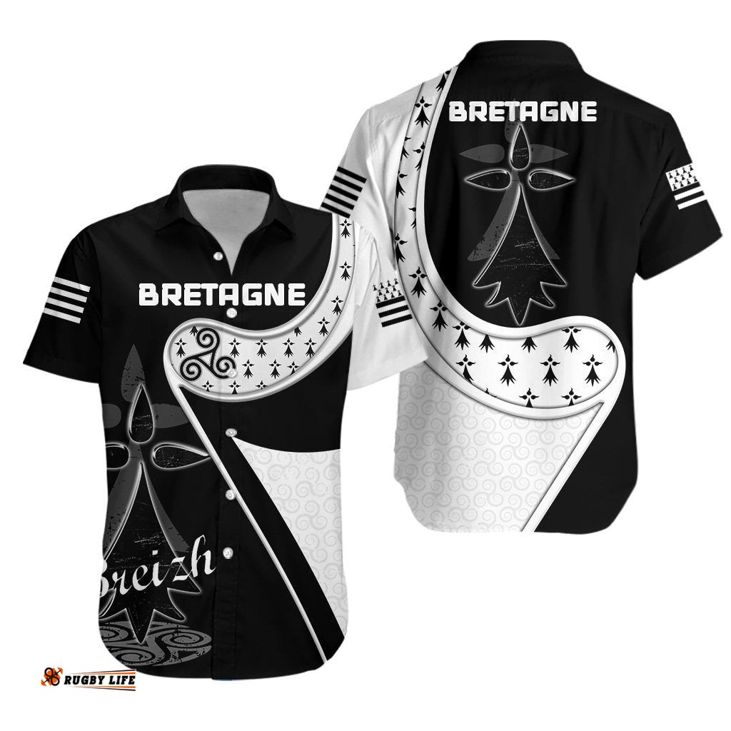Brittany Hawaiian Shirt Rugby Bretagne Stoat Ermine with Celtic Triskelion