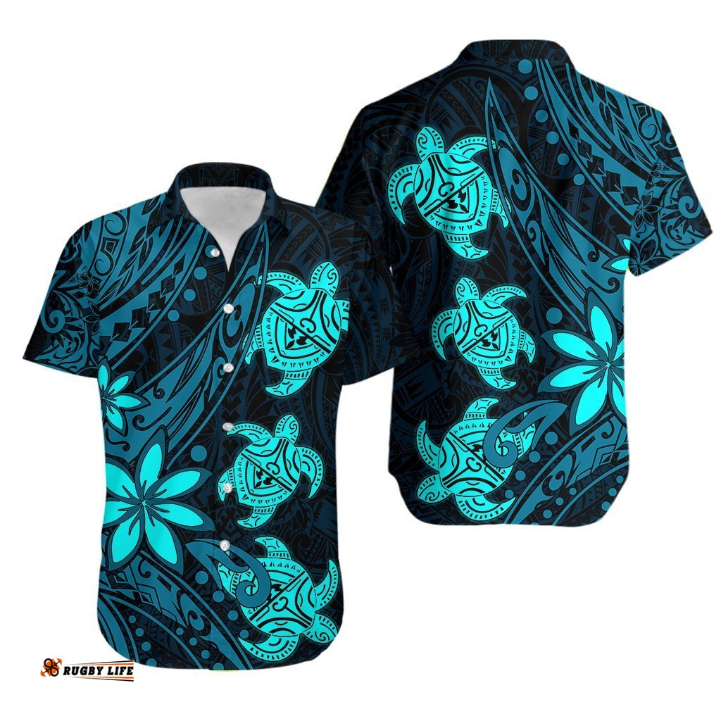 Three Turtles Hawaiian Shirt With Polynesian Tattoo Blue