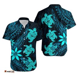 Three Turtles Hawaiian Shirt With Polynesian Tattoo Blue
