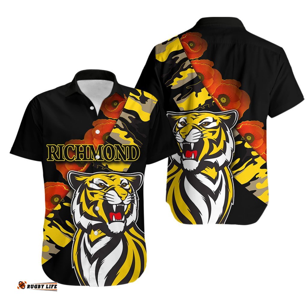 Richmond Tigers Hawaiian Shirt ANZAC Day Poppy Flowers