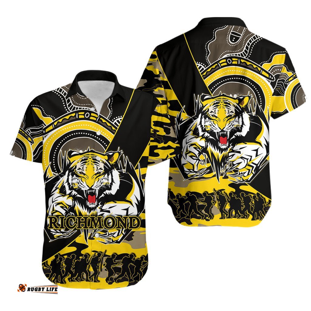 Richmond Tigers Hawaiian Shirt ANZAC Day Army Mix Aboriginal