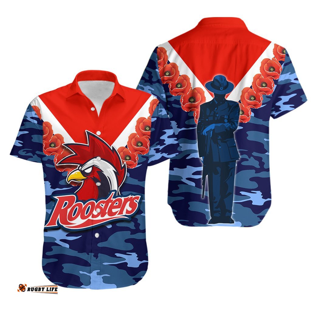 Roosters Hawaiian Shirt ANZAC Day Army Patterns