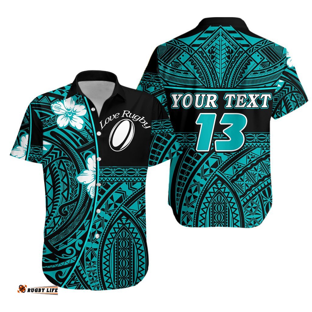 Custom Personalised Polynesian Rugby Hawaiian Shirt Love Turquoise Custom Text and Number