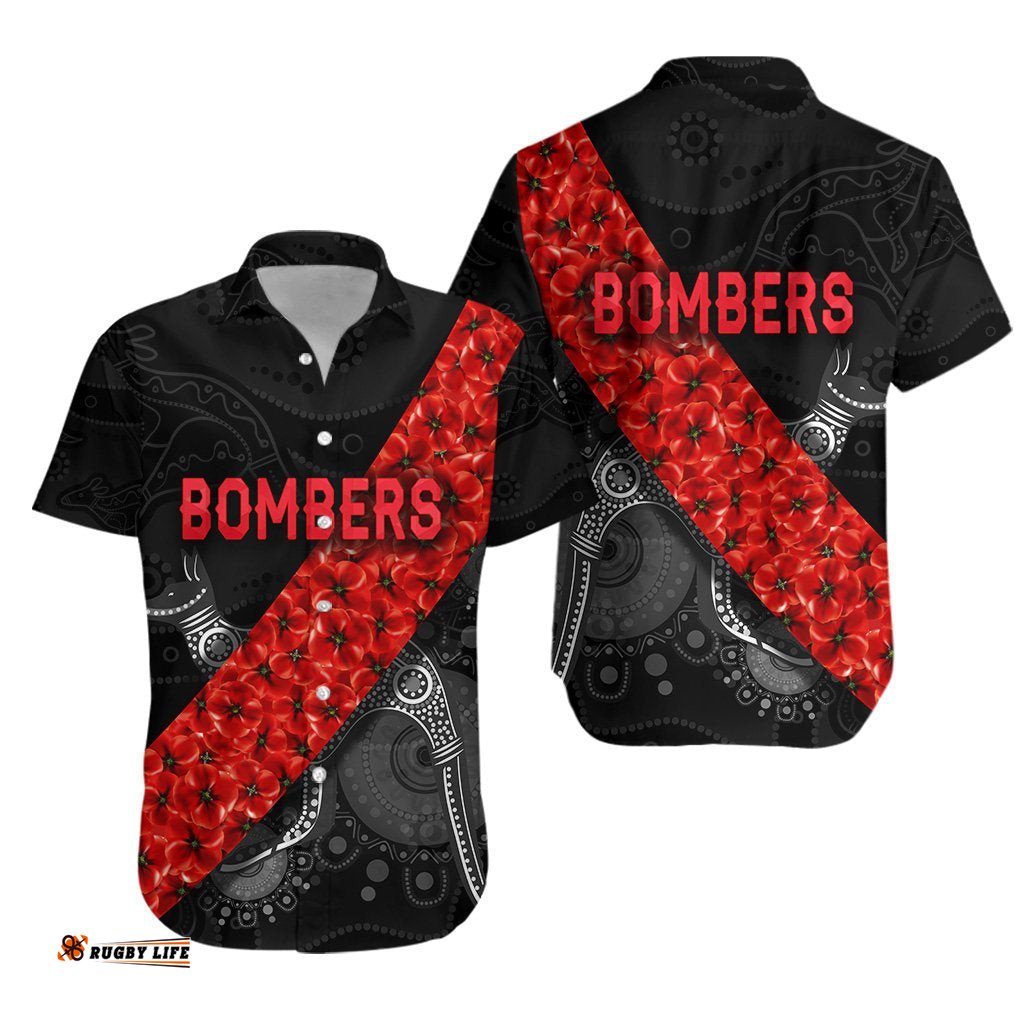 Essendon Bombers Hawaiian Shirt ANZAC Day Indigenous Black