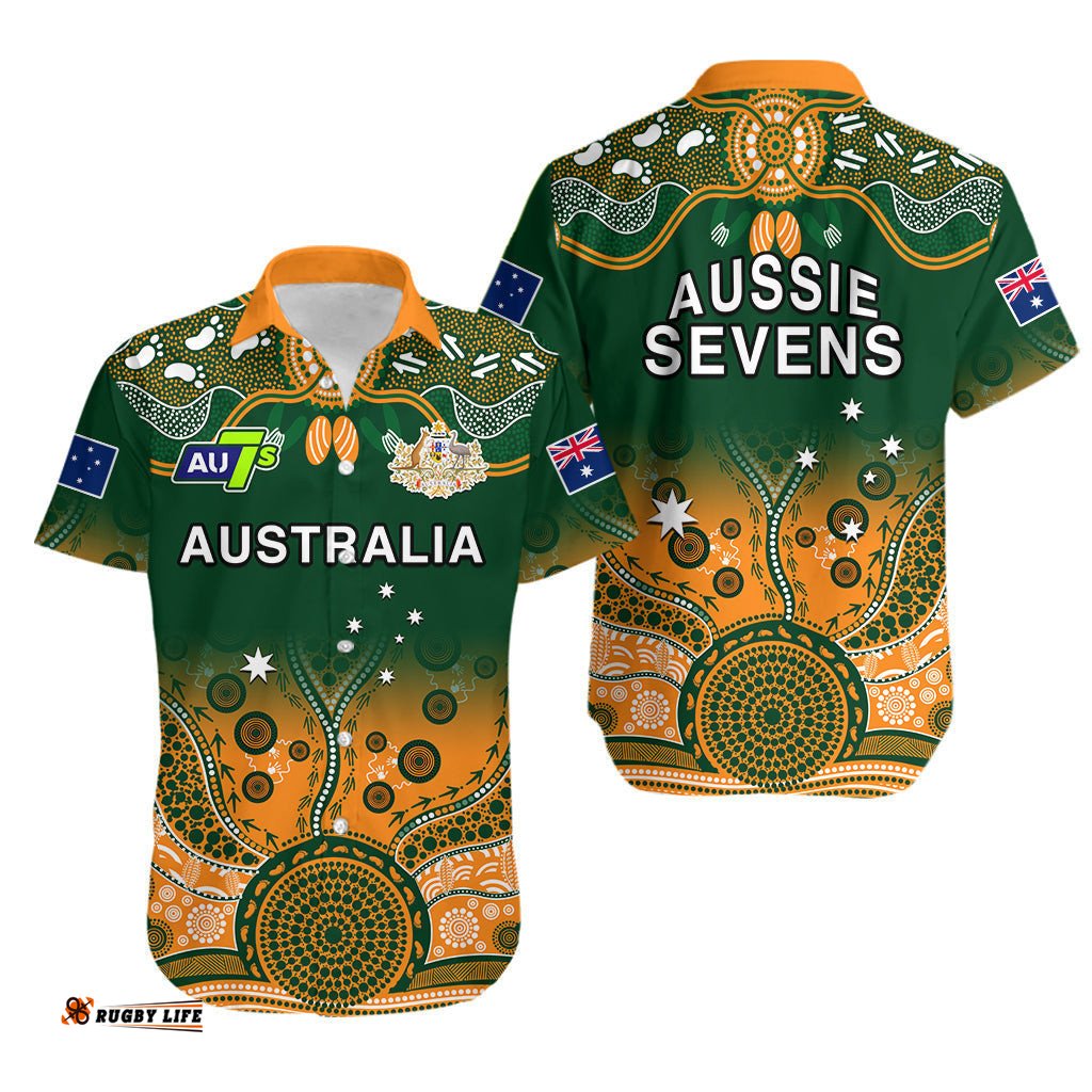 Australia Rugby Hawaiian Shirt Aussie Sevens Green Indigenous