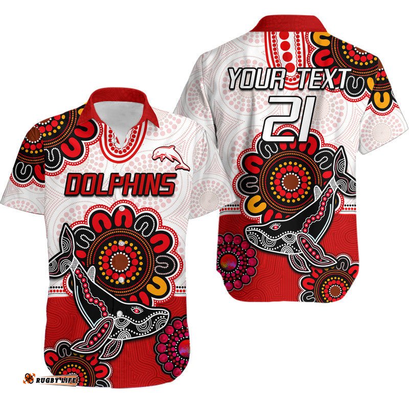 Custom Personalised Dolphins Rugby Hawaiian Shirt Indigenous Circles and Waves White