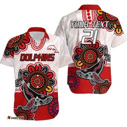 Custom Personalised Dolphins Rugby Hawaiian Shirt Indigenous Circles and Waves White