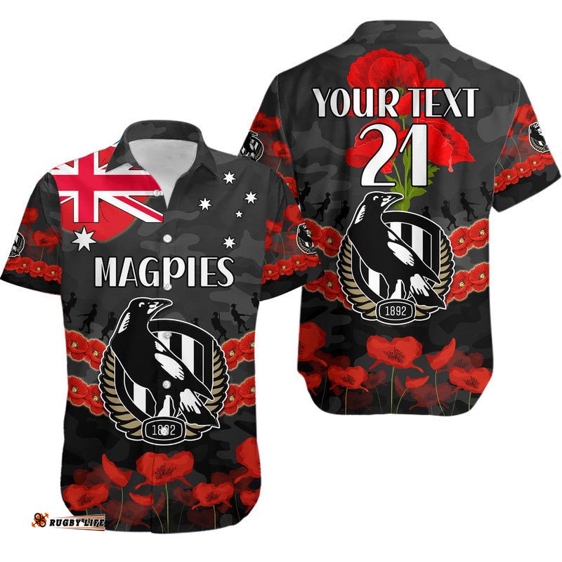 Custom Personalised Magpies Football ANZAC Hawaiian Shirt Lest We Forget