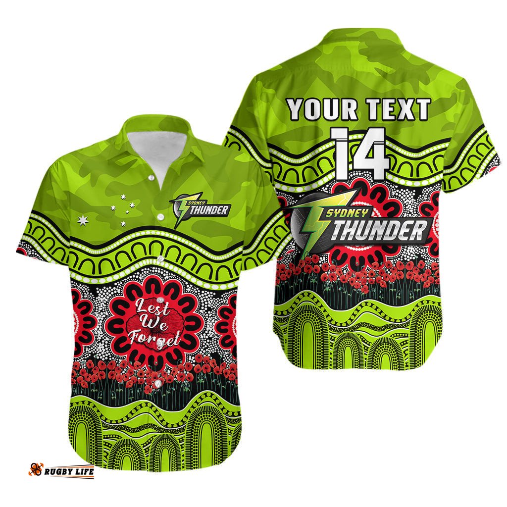 Custom Text And Number Thunder Cricket ANZAC Hawaiian Shirt Poppy Sydney Aboriginal Camouflage