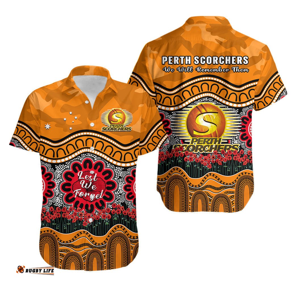 Perth Scorchers Cricket ANZAC Hawaiian Shirt Poppy Aboriginal Camouflage