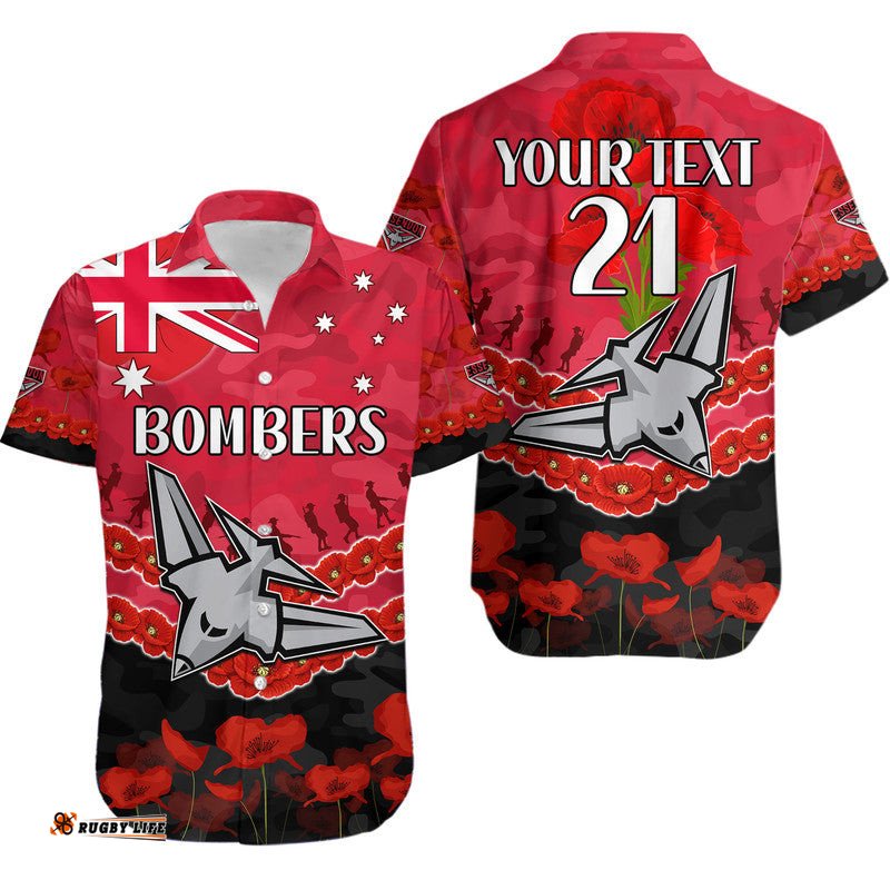 Custom Personalised Bombers Football ANZAC Hawaiian Shirt Lest We Forget