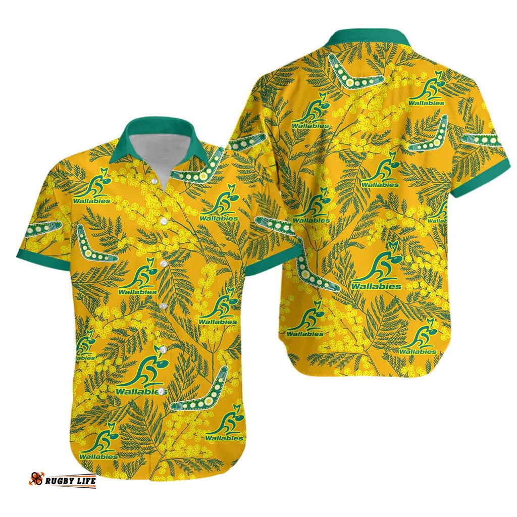 Wallabies Rugby Hawaiian Shirt Golden Wattle Aboriginal Boomerang Style Hawaii