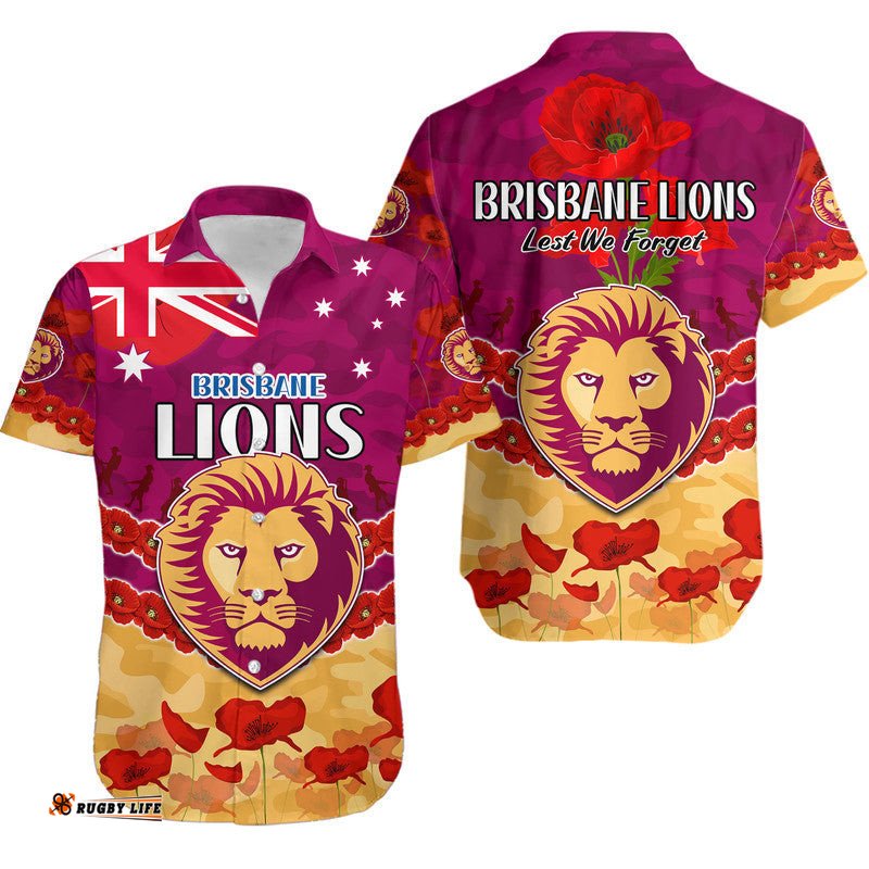 Brisbane Lions Football ANZAC Hawaiian Shirt Lest We Forget