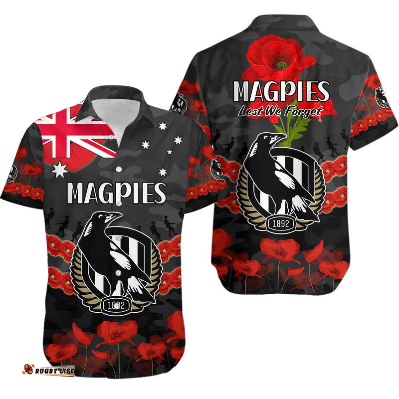 Magpies Football ANZAC Hawaiian Shirt Lest We Forget