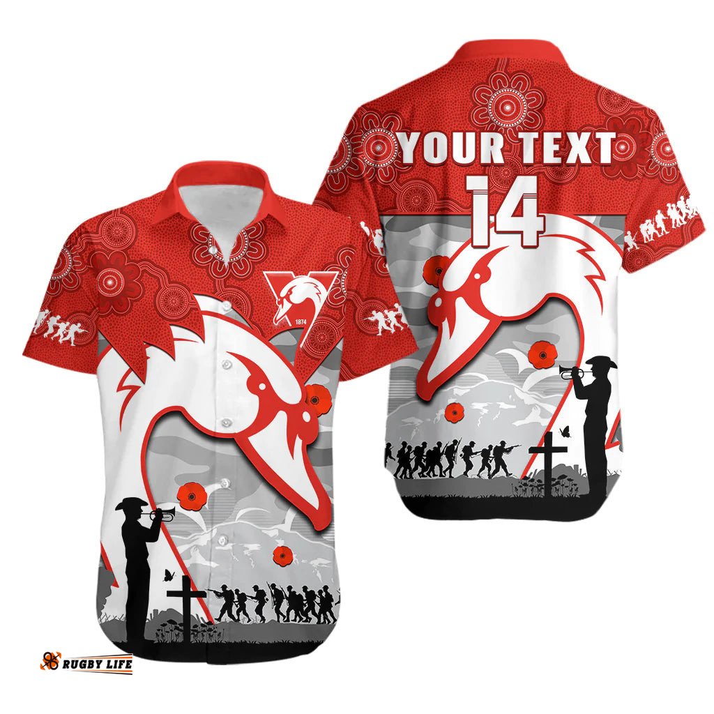 Custom Text And Number Swans Football ANZAC Hawaiian Shirt Sydney Indigenous Camouflage Art