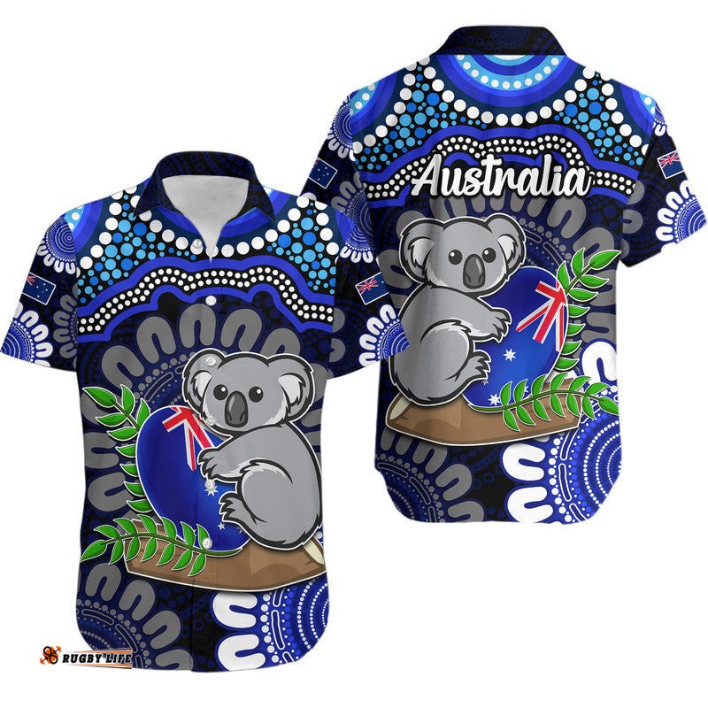 Australia Koala Aboriginal Hawaiian Shirt Koala Hugging Rugby Ball Blue