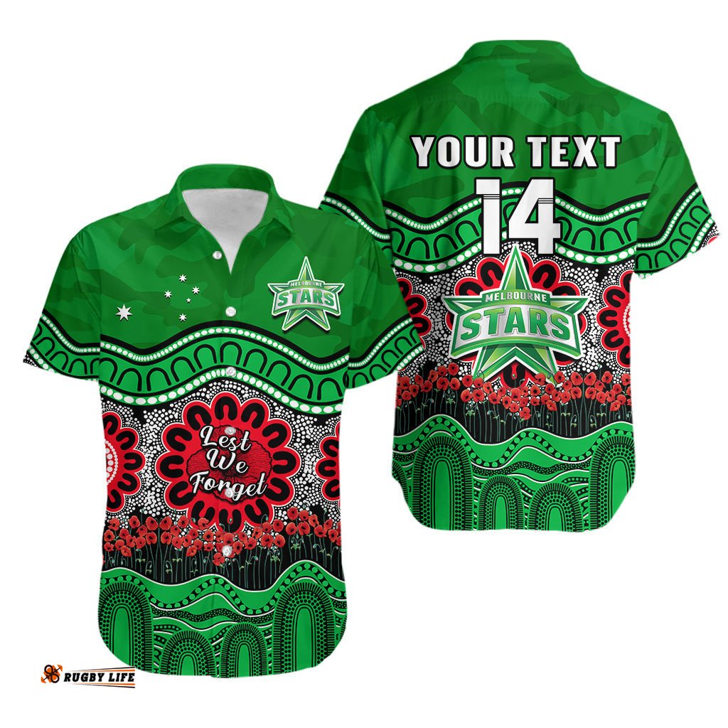 Custom Text And Number Stars Cricket ANZAC Hawaiian Shirt Melbourne Poppy Aboriginal Camouflage