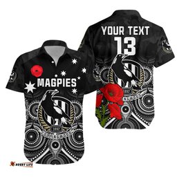 Custom Text and Number Magpies Football ANZAC Day Hawaiian Shirt Aboriginal Poppy Flowers