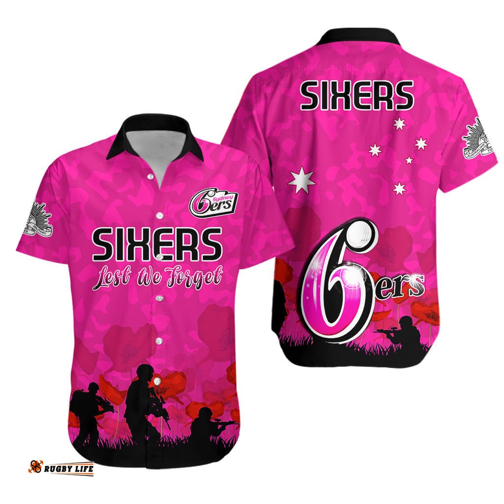 Sydney Sixers Cricket Hawaiian Shirt Anzac Day Camouflage Poppy Lest We Forget