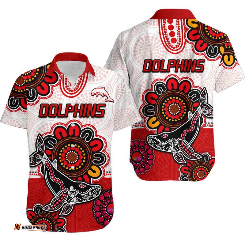 Dolphins Rugby Hawaiian Shirt Indigenous Circles and Waves White