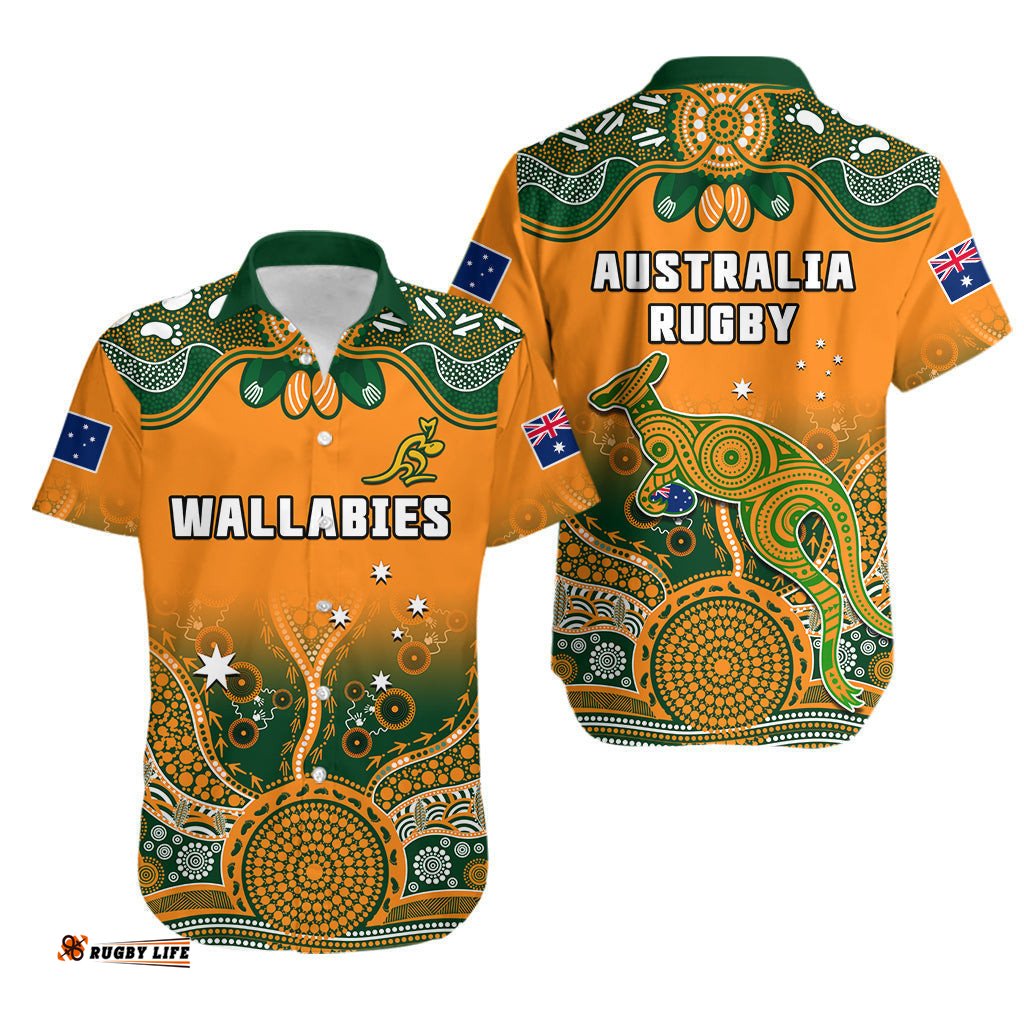 Australia Rugby Hawaiian Shirt Wallabies Kangaroo Orange Aboriginal
