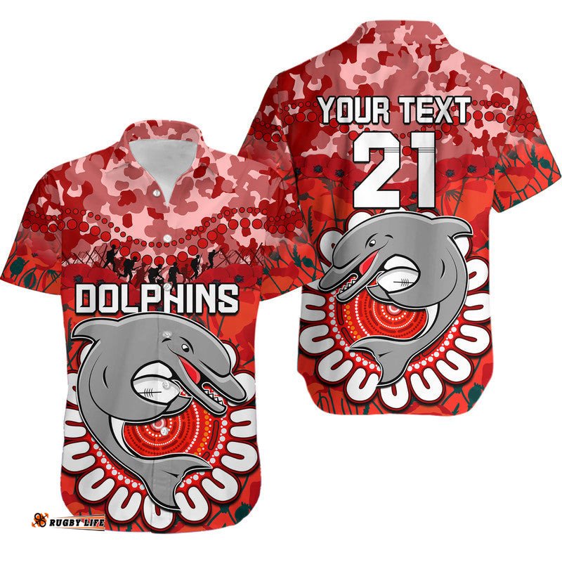 Custom Personalised Dolphins Rugby ANZAC Hawaiian Shirt Camouflage Poppy