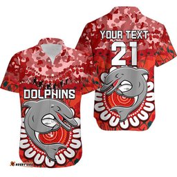 Custom Personalised Dolphins Rugby ANZAC Hawaiian Shirt Camouflage Poppy