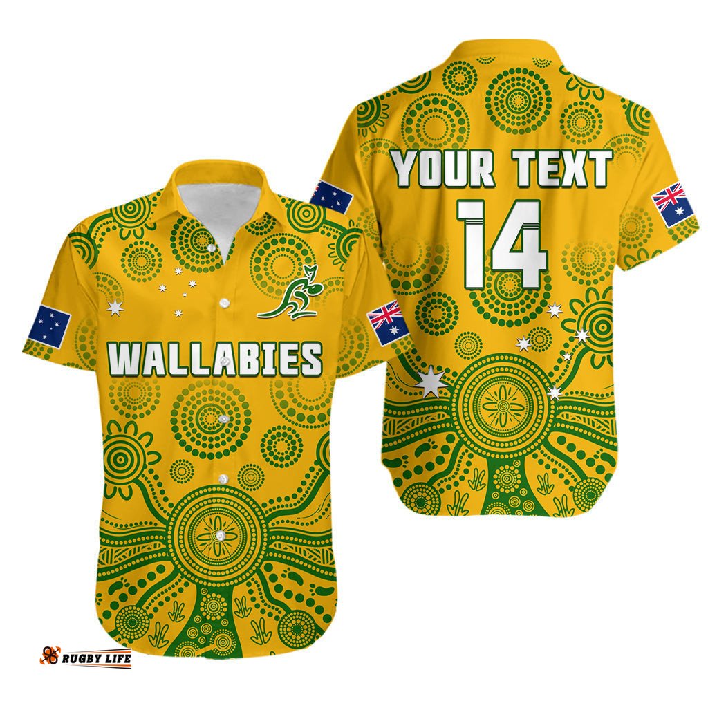 Custom Text And Number Australia Rugby Hawaiian Shirt Wallabies Aboriginal Yellow Style