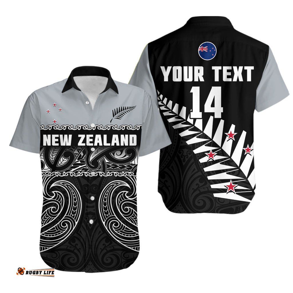 Custom Text And Number New Zealand Cricket Hawaiian Shirt Black Cap Silver Fern Maori