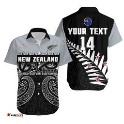 Custom Text And Number New Zealand Cricket Hawaiian Shirt Black Cap Silver Fern Maori