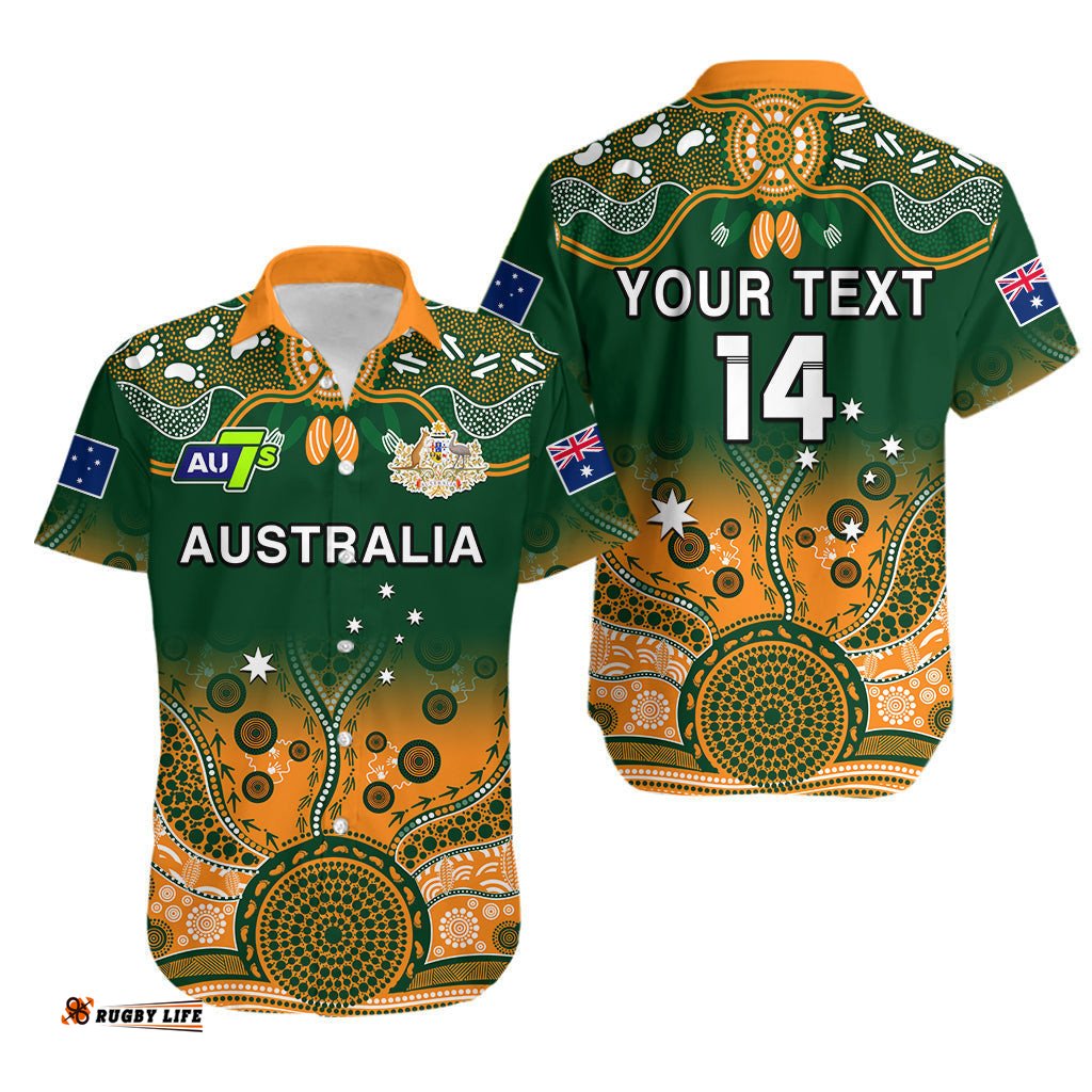 Custom Text And Number Australia Rugby Hawaiian Shirt Aussie Sevens Green Indigenous
