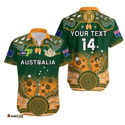 Custom Text And Number Australia Rugby Hawaiian Shirt Aussie Sevens Green Indigenous