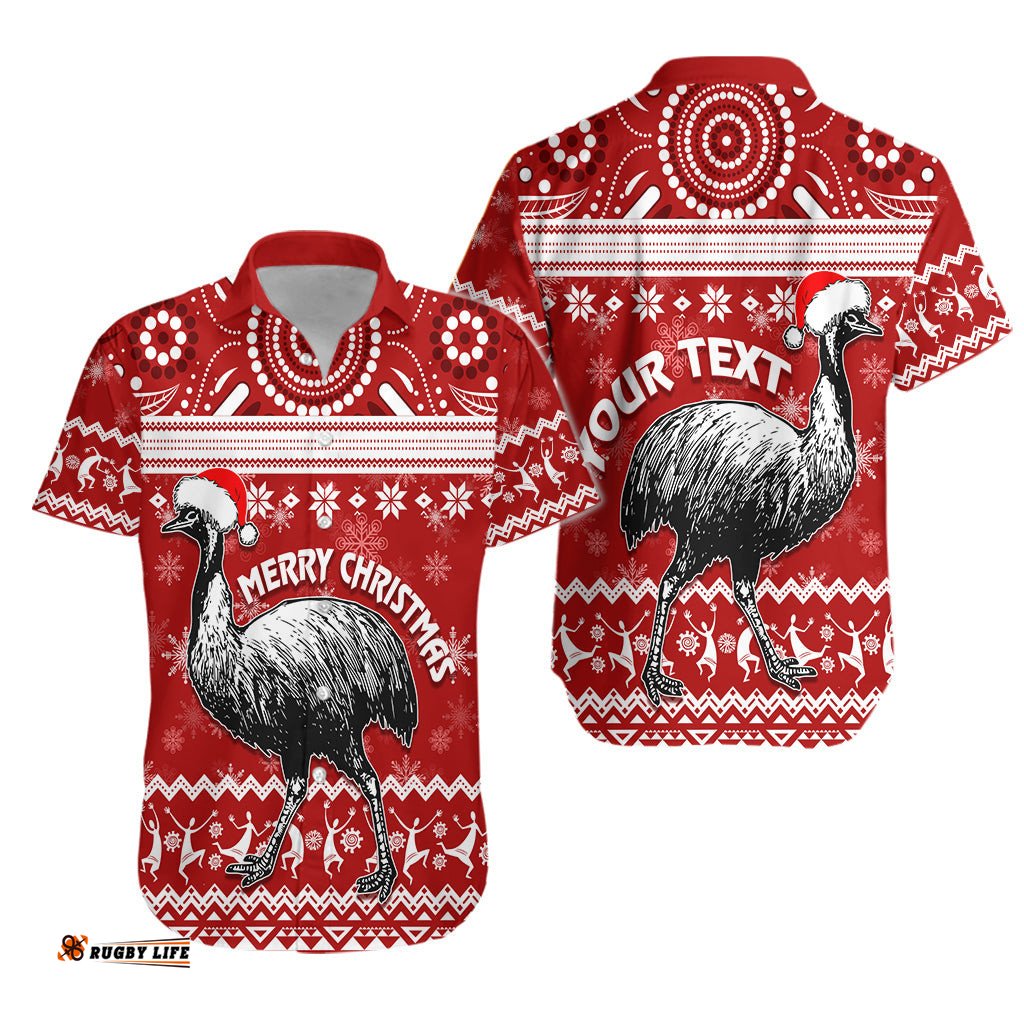 Australia Christmas Hawaiian Shirt Aboriginal Art Santa Emu Bird
