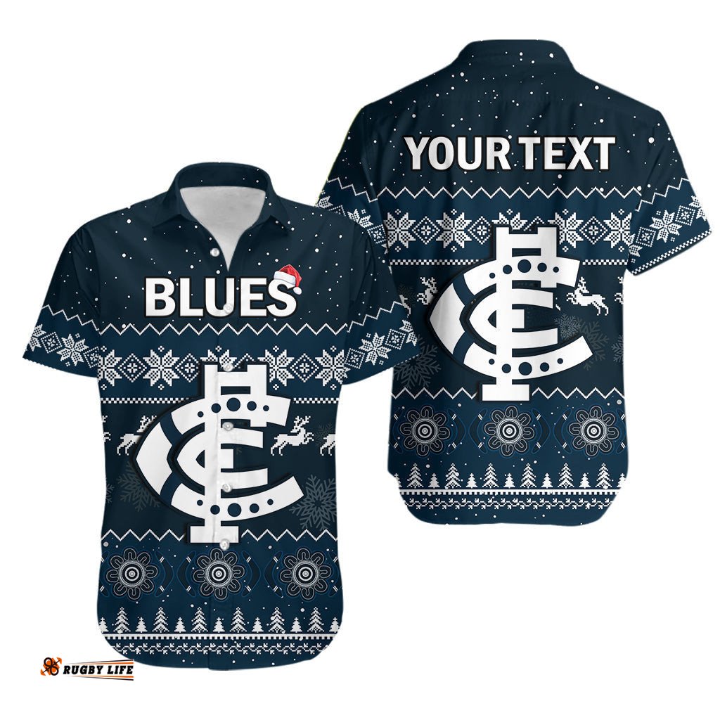 Custom Personalised Carlton Football Hawaiian Shirt Blues Indigenous Merry Christmas