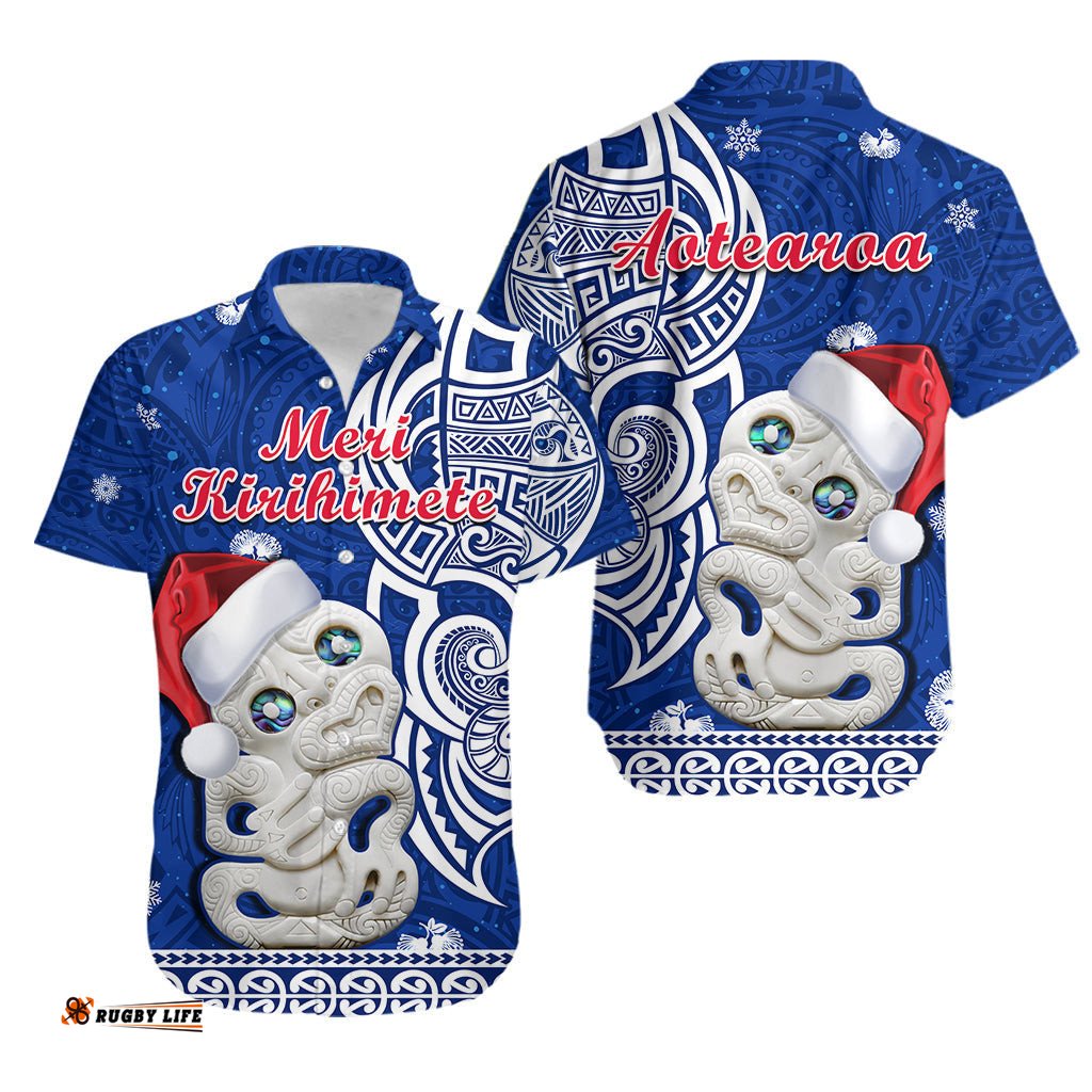 New Zealand Christmas Hawaiian Shirt Hei Tiki Blue Pohutukawa Meri Kirihimete
