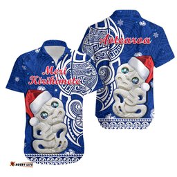 New Zealand Christmas Hawaiian Shirt Hei Tiki Blue Pohutukawa Meri Kirihimete