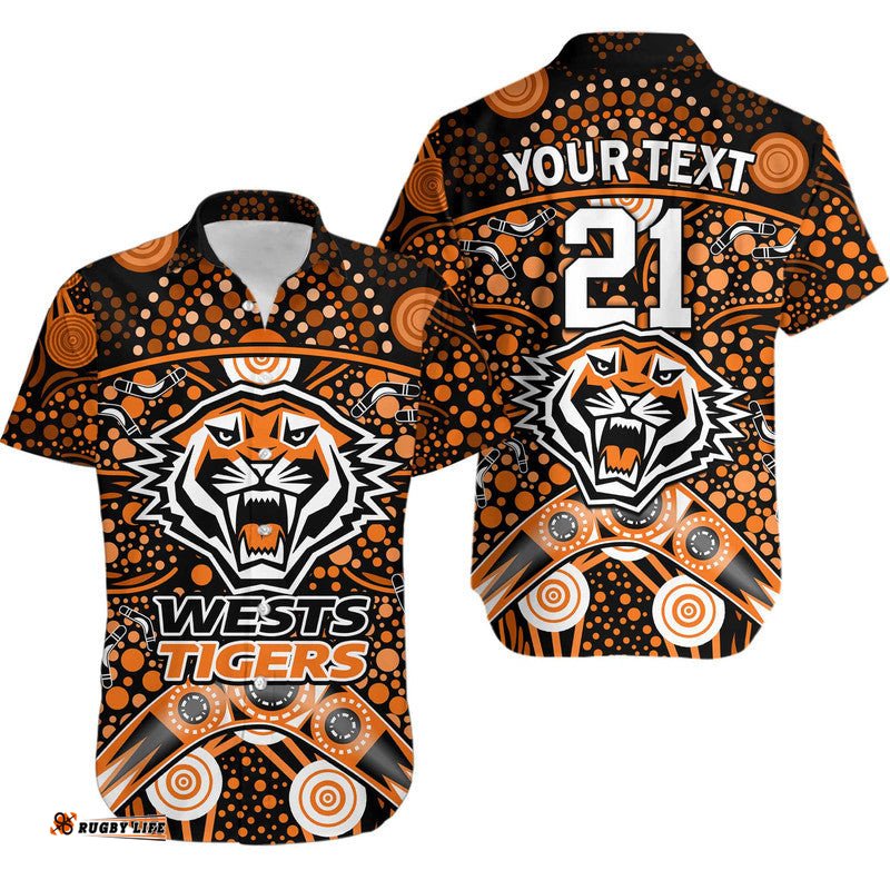 Custom Personalised Wests Tigers Rugby Hawaiian Shirt Boomerang Indigenous Dots