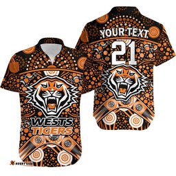 Custom Personalised Wests Tigers Rugby Hawaiian Shirt Boomerang Indigenous Dots