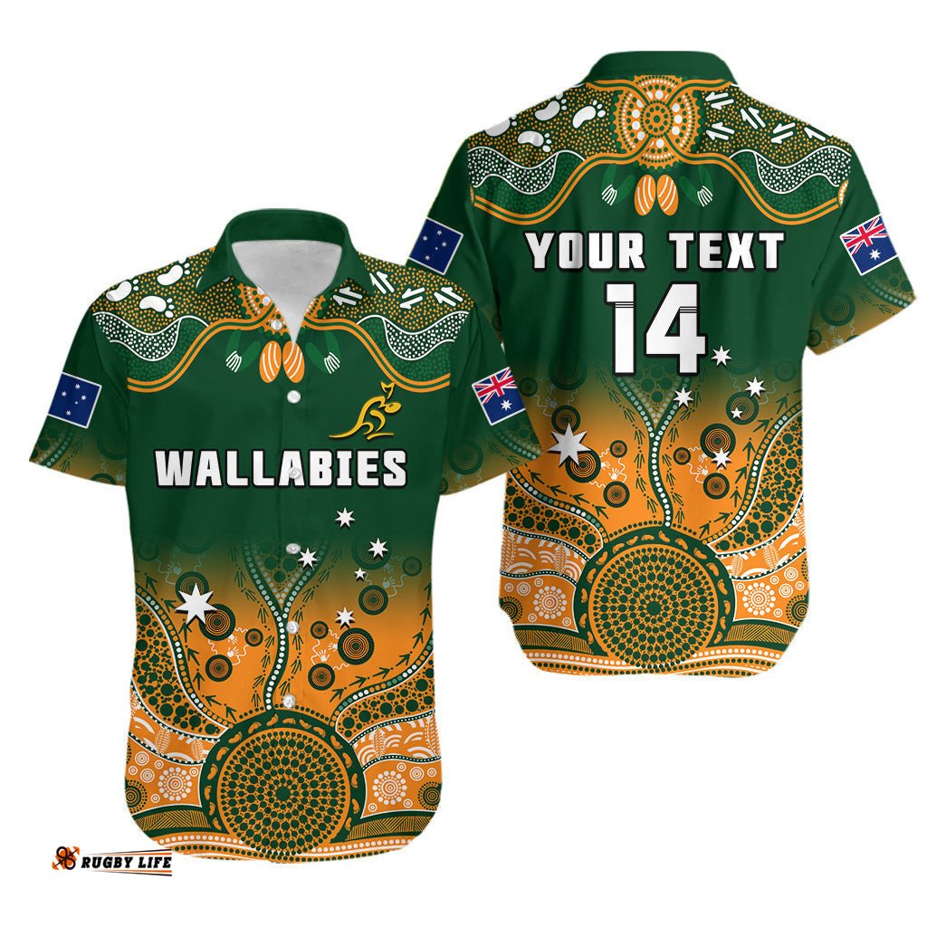 Custom Text And Number Australia Rugby Hawaiian Shirt Wallabies Kangaroo Green Aboriginal