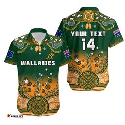 Custom Text And Number Australia Rugby Hawaiian Shirt Wallabies Kangaroo Green Aboriginal