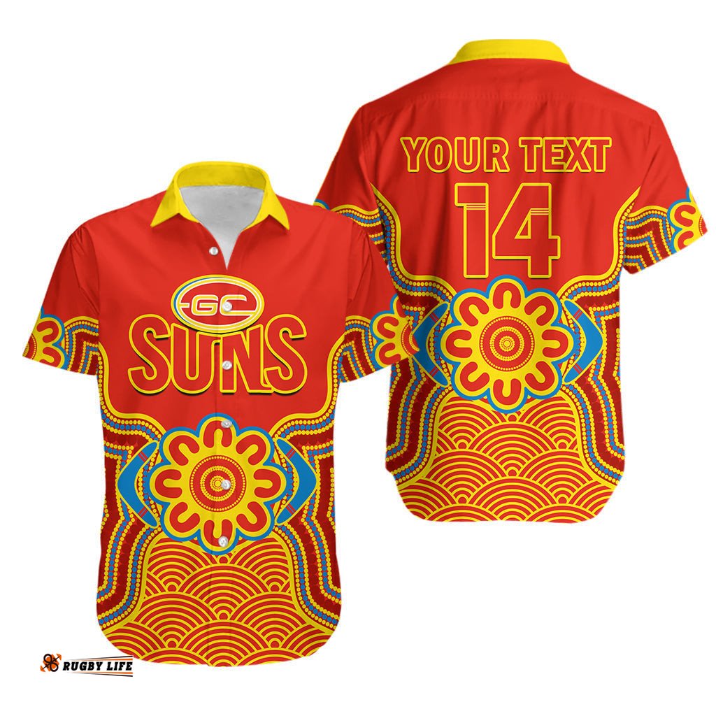 Custom Text And Number Gold Coast Football Hawaiian Shirt Suns Indigenous Pattern