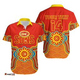 Custom Text And Number Gold Coast Football Hawaiian Shirt Suns Indigenous Pattern