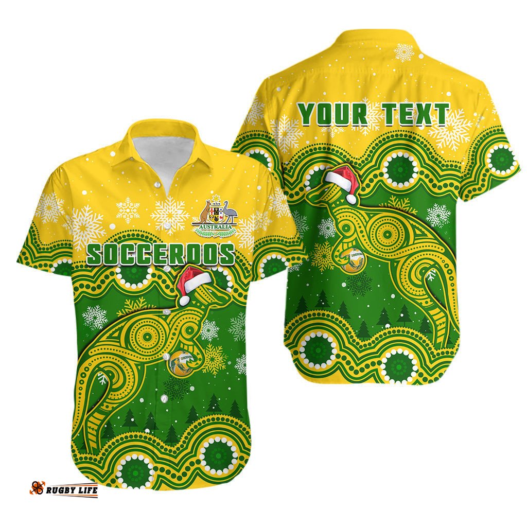 Custom Personalised Australia Soccer Christmas Hawaiian Shirt Socceroos Indigenous Kangaroo
